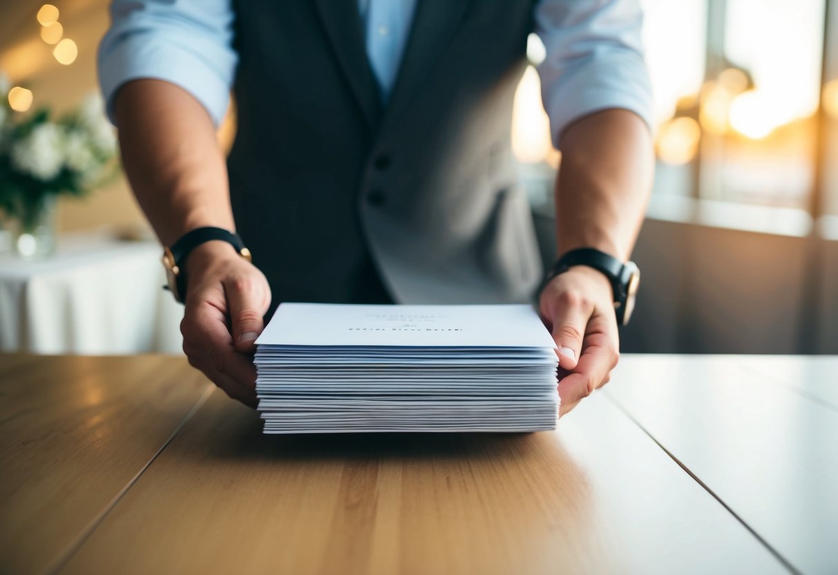 A person holding a stack of wedding invitations, pondering whether to include their boss's name on the list