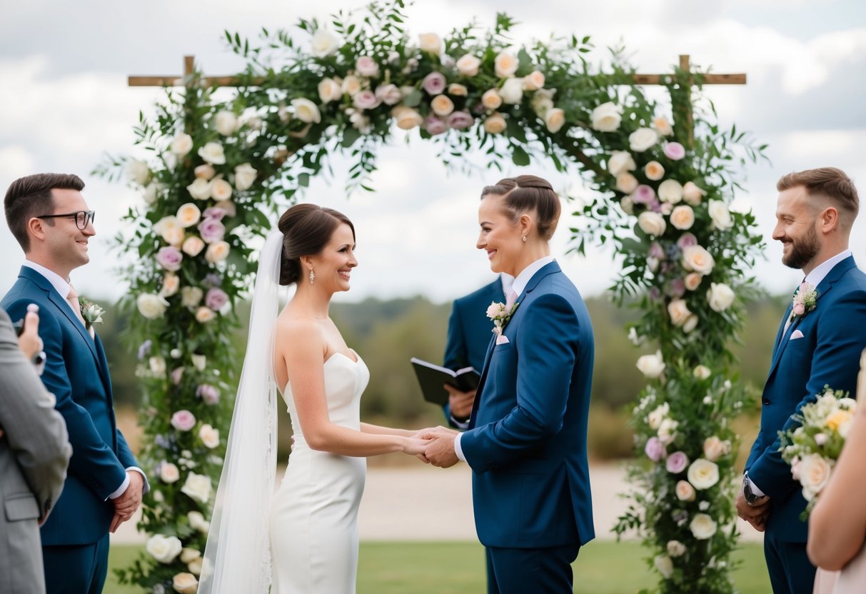 A bride and groom exchange vows under a floral arch in a modern, outdoor setting