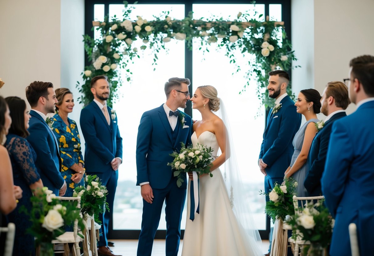 A modern wedding scene with non-traditional elements such as diverse attire, unconventional decorations, and alternative ceremonies