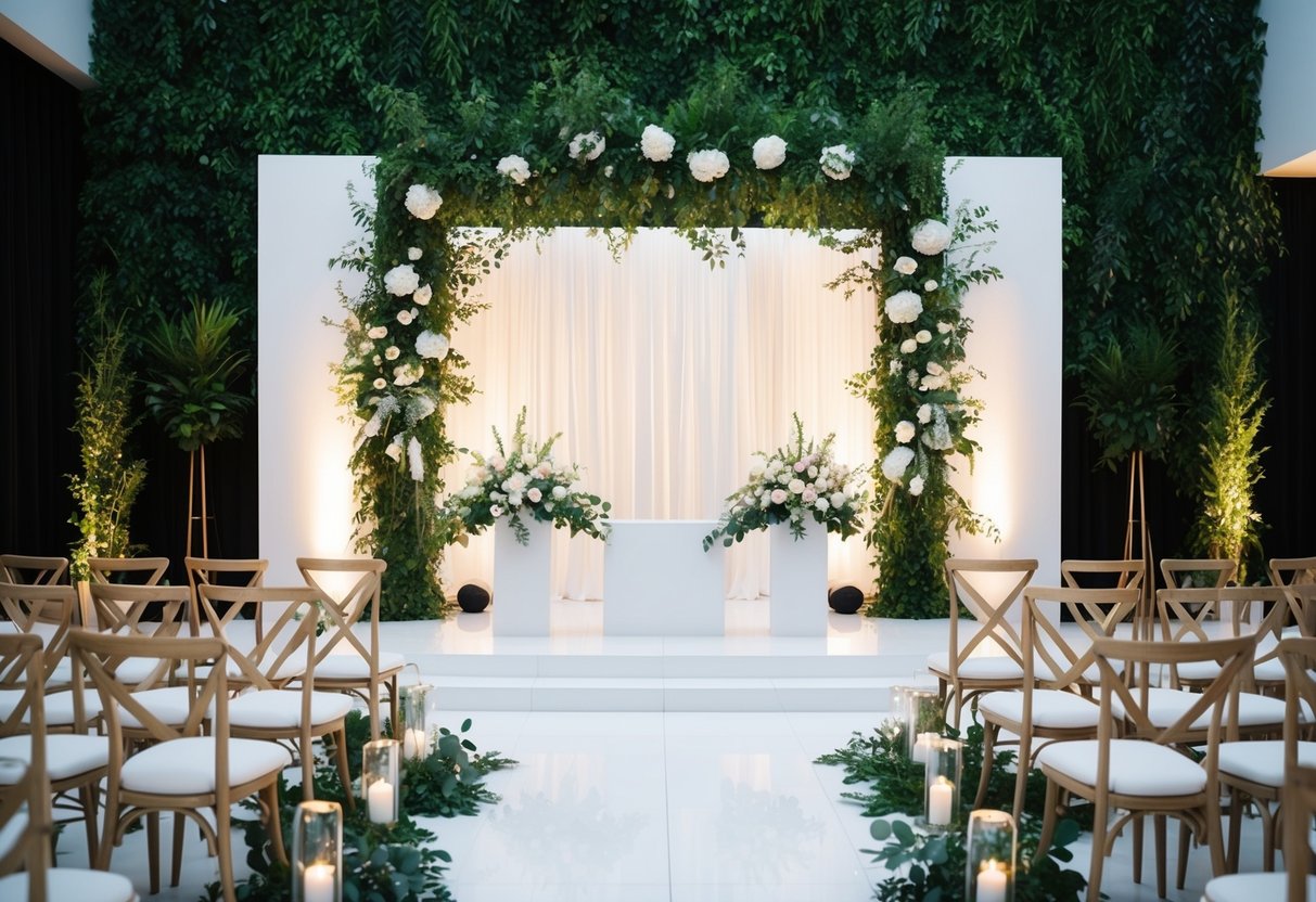 A modern wedding altar with non-traditional decor and seating arrangements, surrounded by lush greenery and contemporary lighting