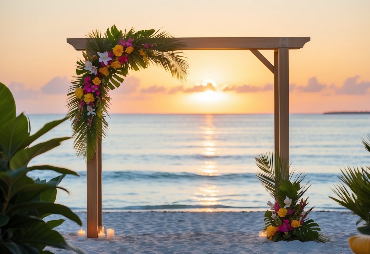 A serene beach setting with a simple wooden arch adorned with tropical flowers and greenery, overlooking crystal-clear waters and a golden sunset