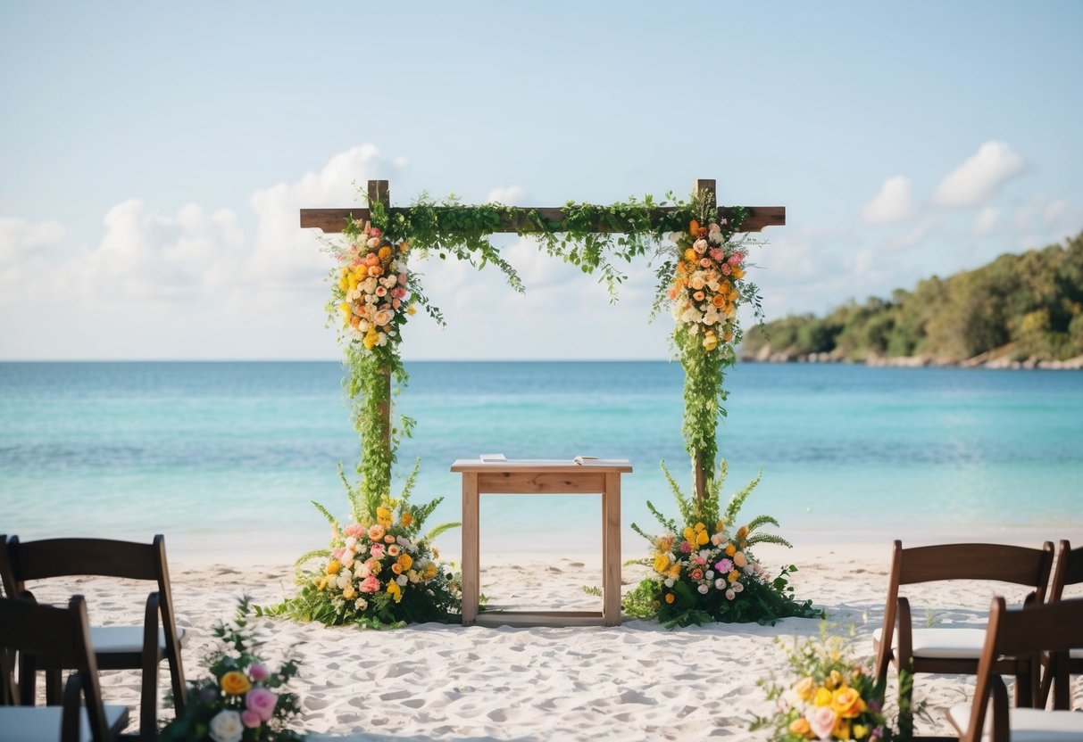 A serene beach setting with a simple wooden altar, surrounded by lush greenery and colorful flowers, overlooking crystal clear waters