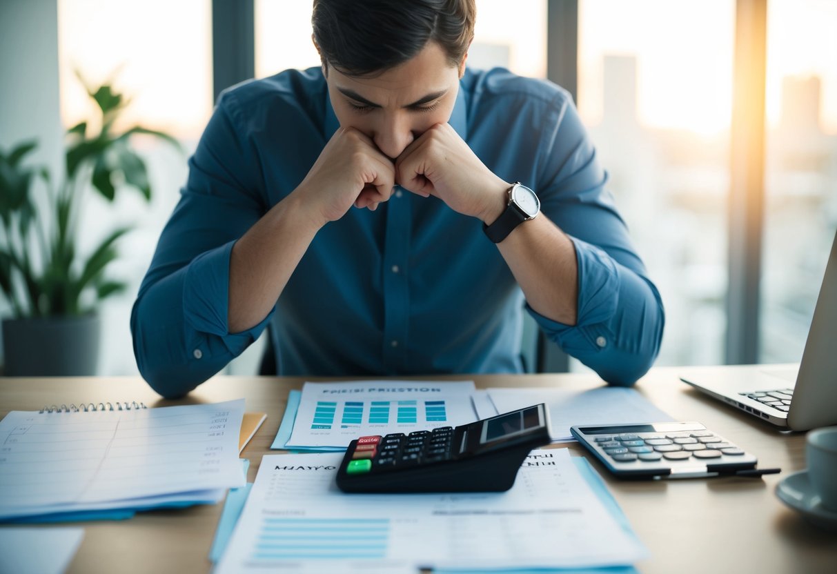 A person sitting at a desk, surrounded by papers, a calendar, and a calculator. They are deep in thought, trying to determine their priorities and budget for a short 6-month engagement