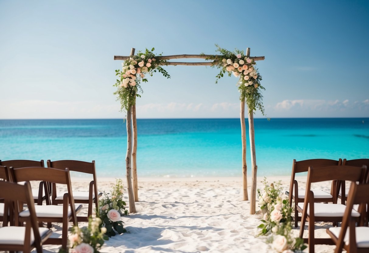 A serene beach setting with a simple wooden arch adorned with flowers, overlooking crystal blue waters and a clear sky