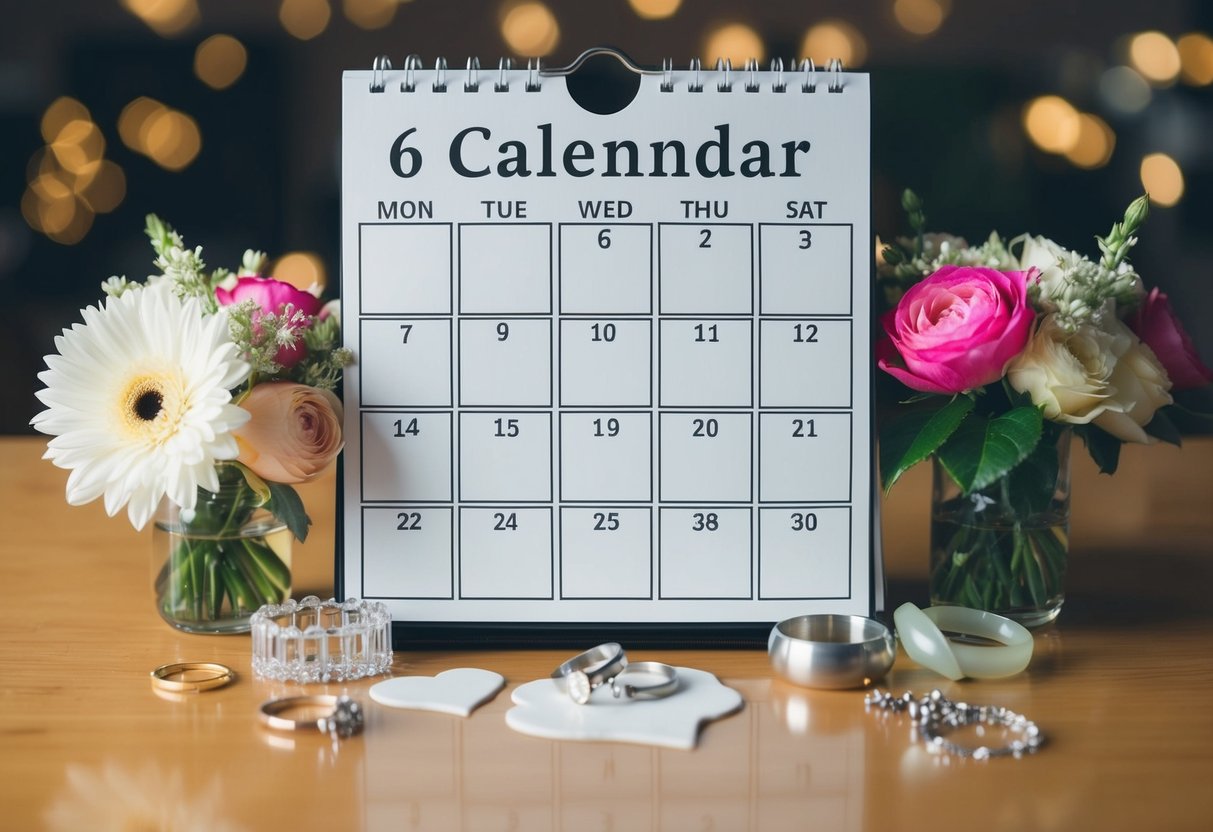 A calendar with only 6 months filled in, surrounded by wedding-related items like flowers, rings, and a cake