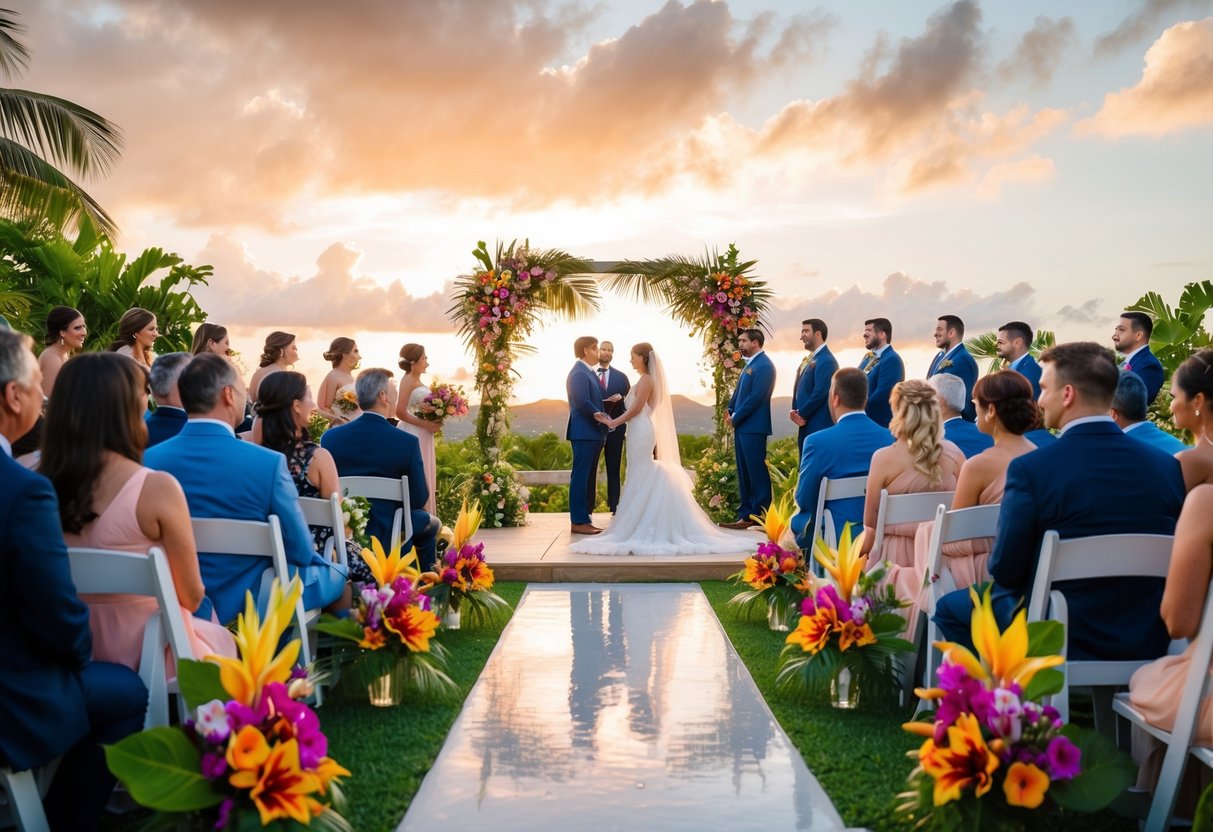 A beautiful outdoor wedding ceremony in a lush, tropical setting with colorful flowers, a picturesque waterfall, and a stunning sunset backdrop
