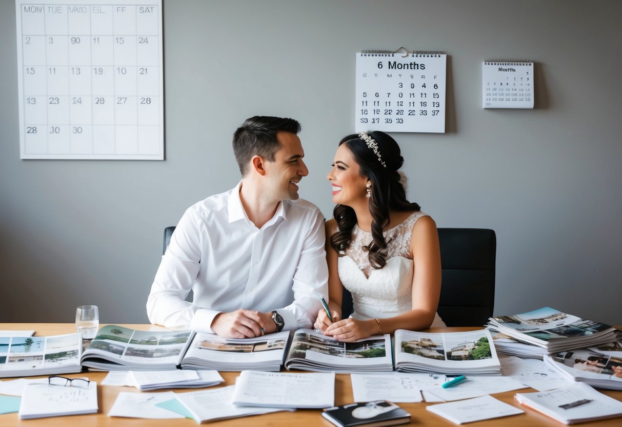 A couple sits at a table covered in wedding magazines, surrounded by notes and sketches. A calendar on the wall shows six months until the big day