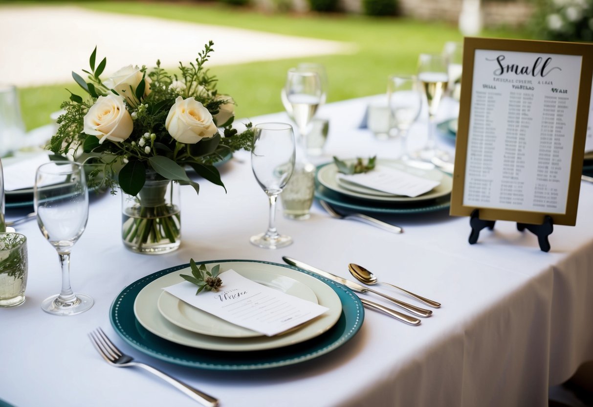 A table set for a small wedding, with carefully arranged place settings and a seating chart laid out nearby