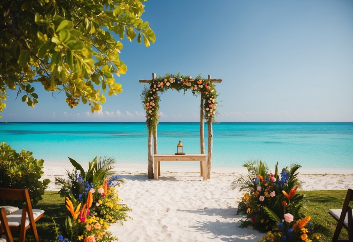 A serene beach with a simple wooden altar, surrounded by lush greenery and colorful flowers, overlooking crystal-clear turquoise waters