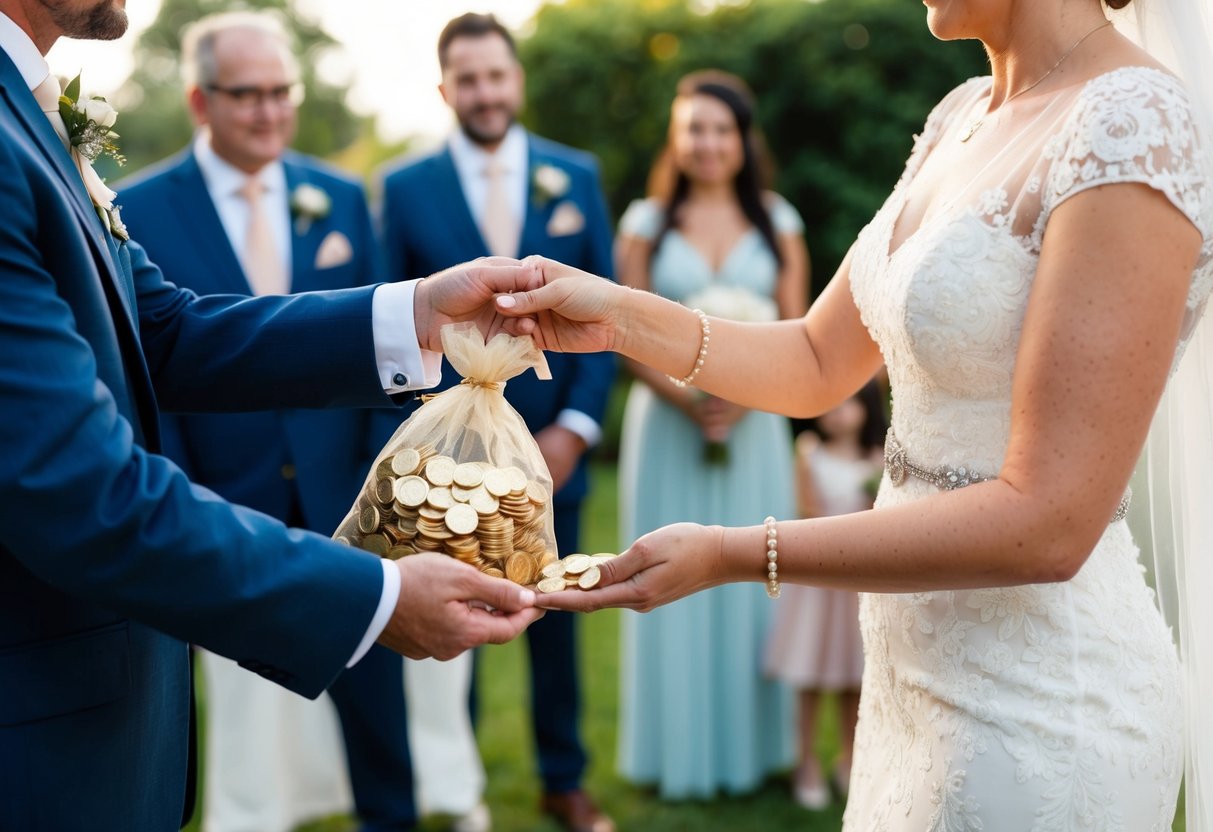 A groom hands over a bag of gold coins to the bride's family in a traditional Spanish wedding custom