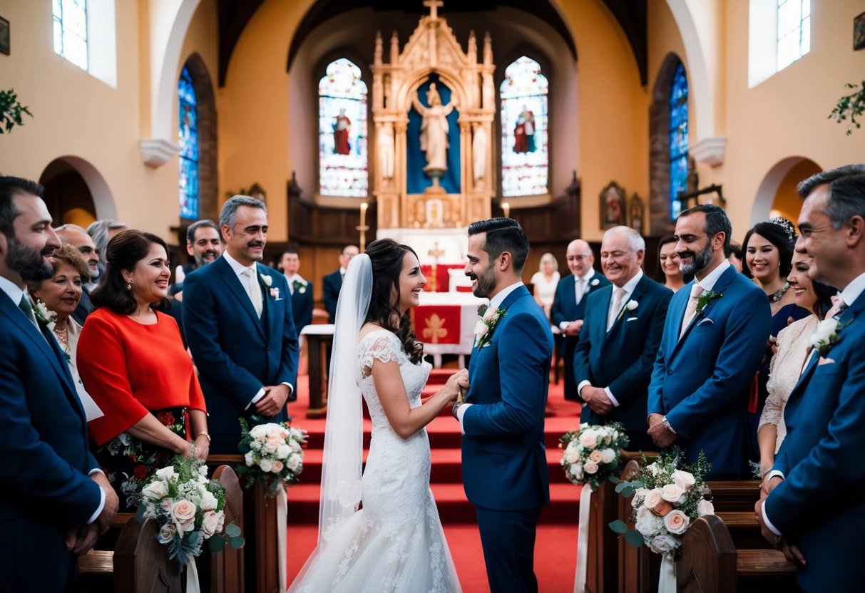 A traditional Spanish wedding with a bride and groom exchanging vows at a church altar, surrounded by family and friends. The groom's family typically covers the wedding expenses