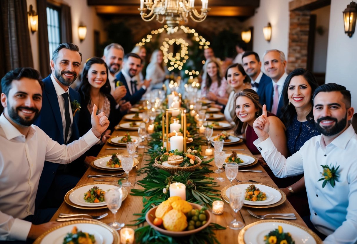 A festive table with traditional Spanish decorations and dishes, surrounded by cheerful guests, with a subtle nod to the couple's wedding