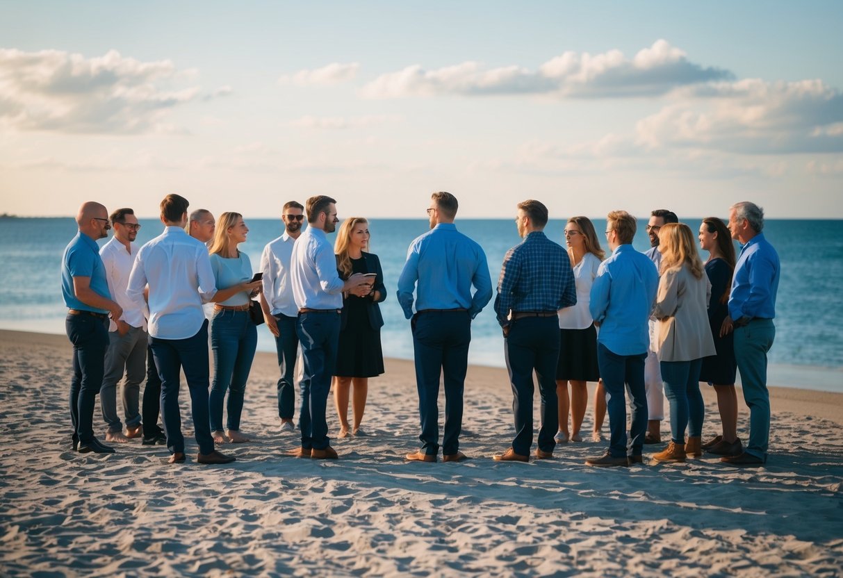 A group of people gathered at a scenic beach setting, with a few individuals standing apart from the crowd