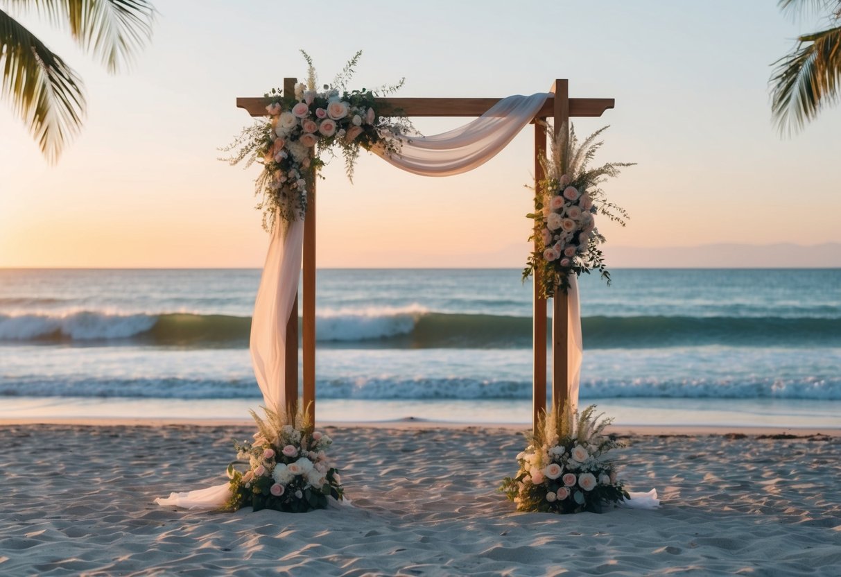 A serene beach at sunset, with a simple wooden arch adorned with flowers and flowing fabric, surrounded by palm trees and the sound of crashing waves