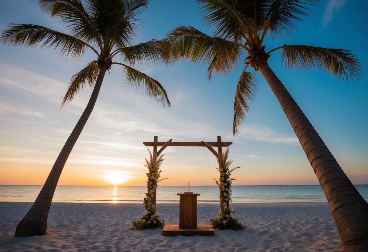A serene beach at sunset with a simple wooden altar and a gentle breeze blowing through the palm trees