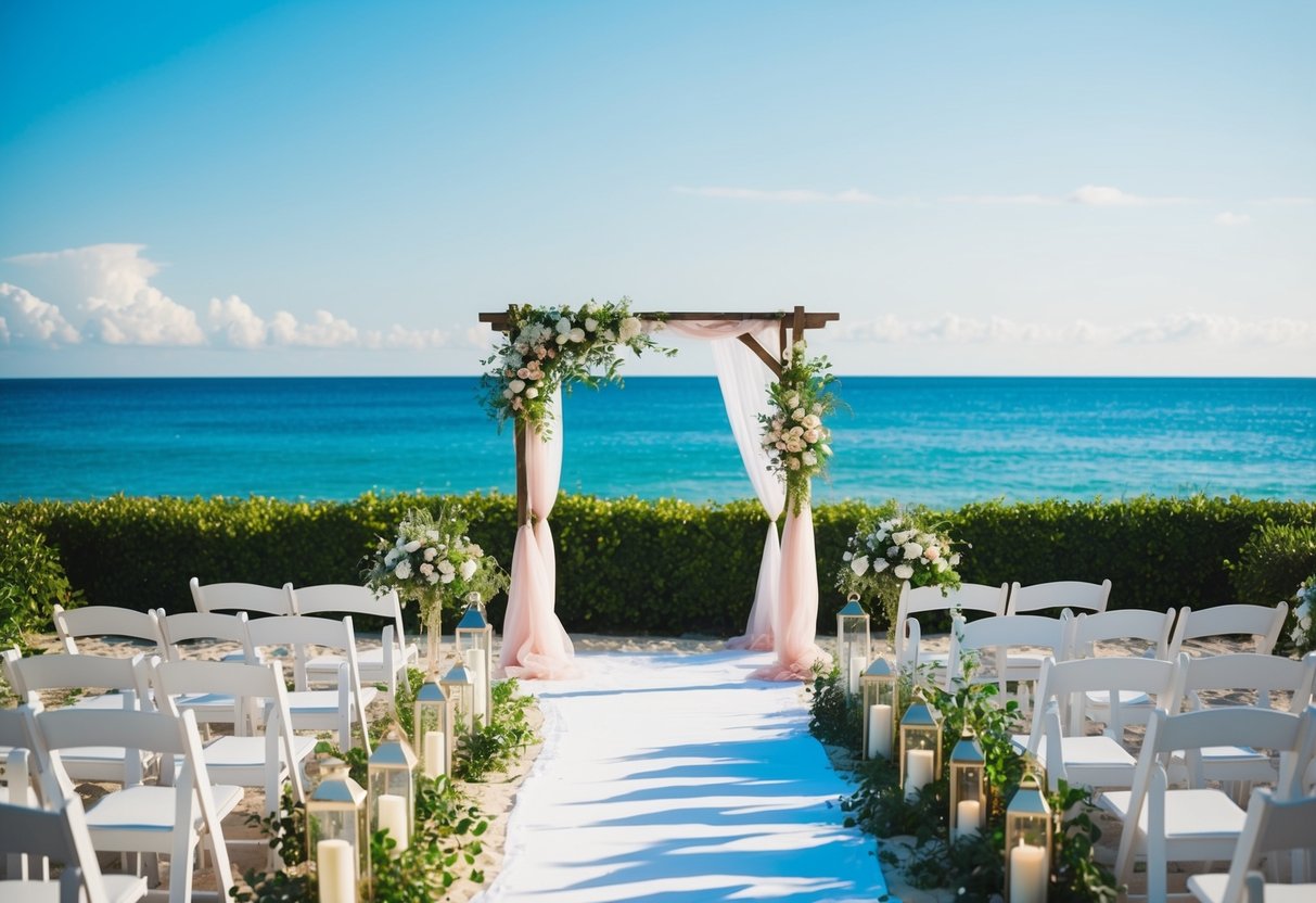 A picturesque beach setting with a wedding arch and seating, surrounded by lush greenery and a clear blue sky