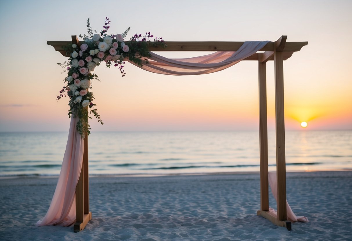 A serene beach at sunset with a simple wooden arch decorated with flowers and flowing fabric, overlooking the calm ocean