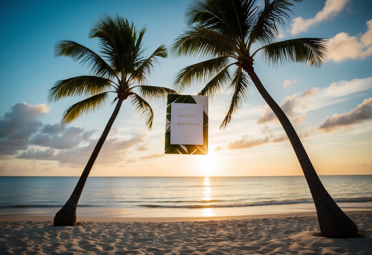 A tropical beach with a sunset, palm trees, and a wedding invitation floating in the breeze