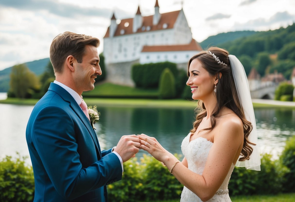 A couple exchanging wedding rings in front of a picturesque European castle