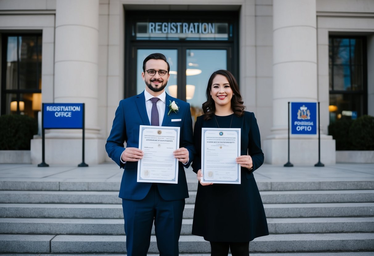 A couple stands in front of a government building, holding their marriage certificate and foreign documents. A sign reads "Registration Office."