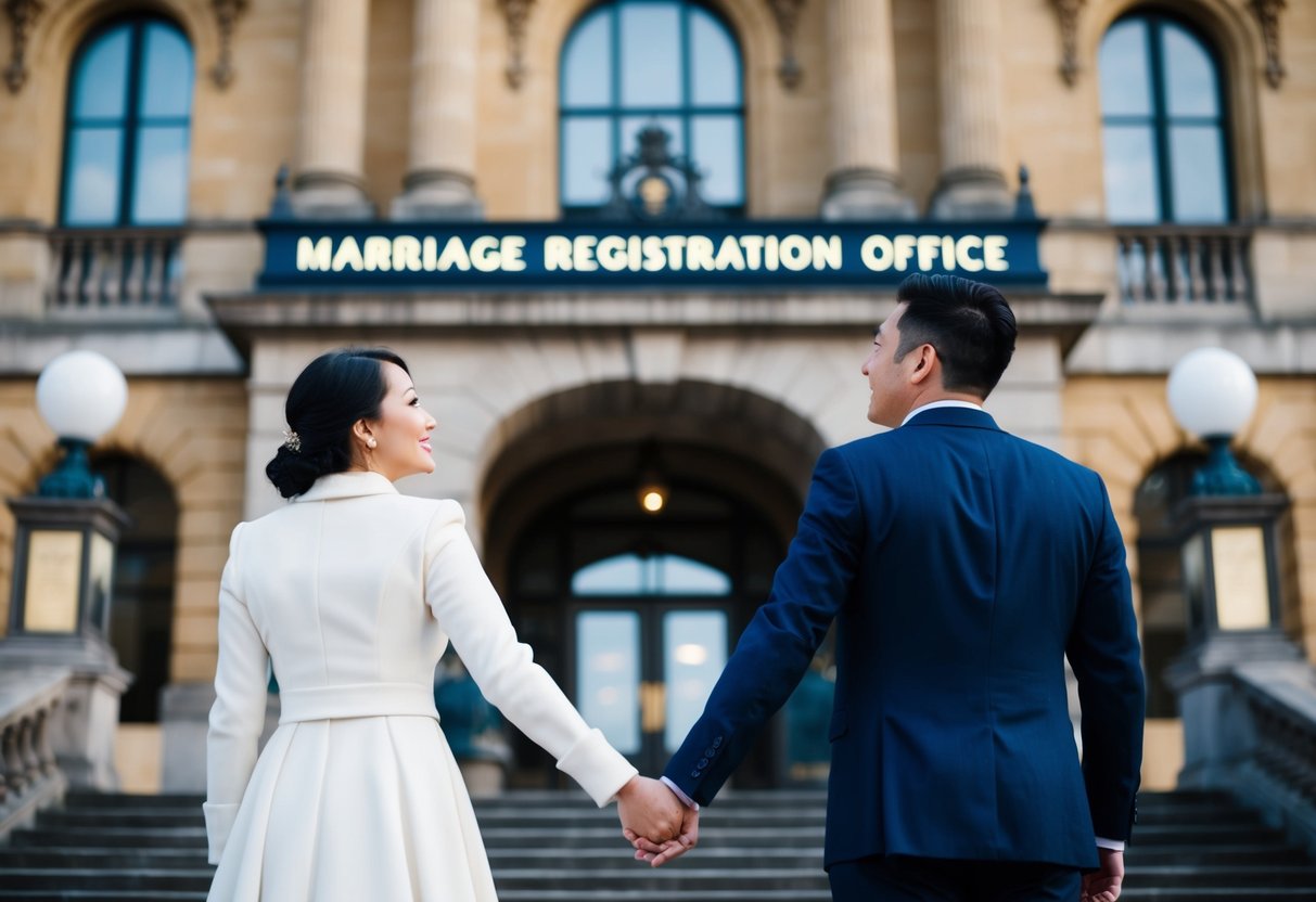 A couple stands in front of a grand, ornate building, holding hands and looking up at a sign that reads "Marriage Registration Office."