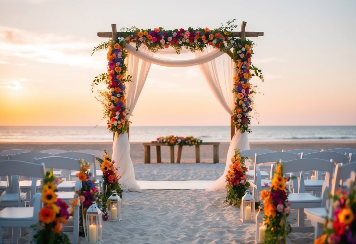 A picturesque beach wedding with colorful flowers, flowing white fabric, and a stunning sunset backdrop