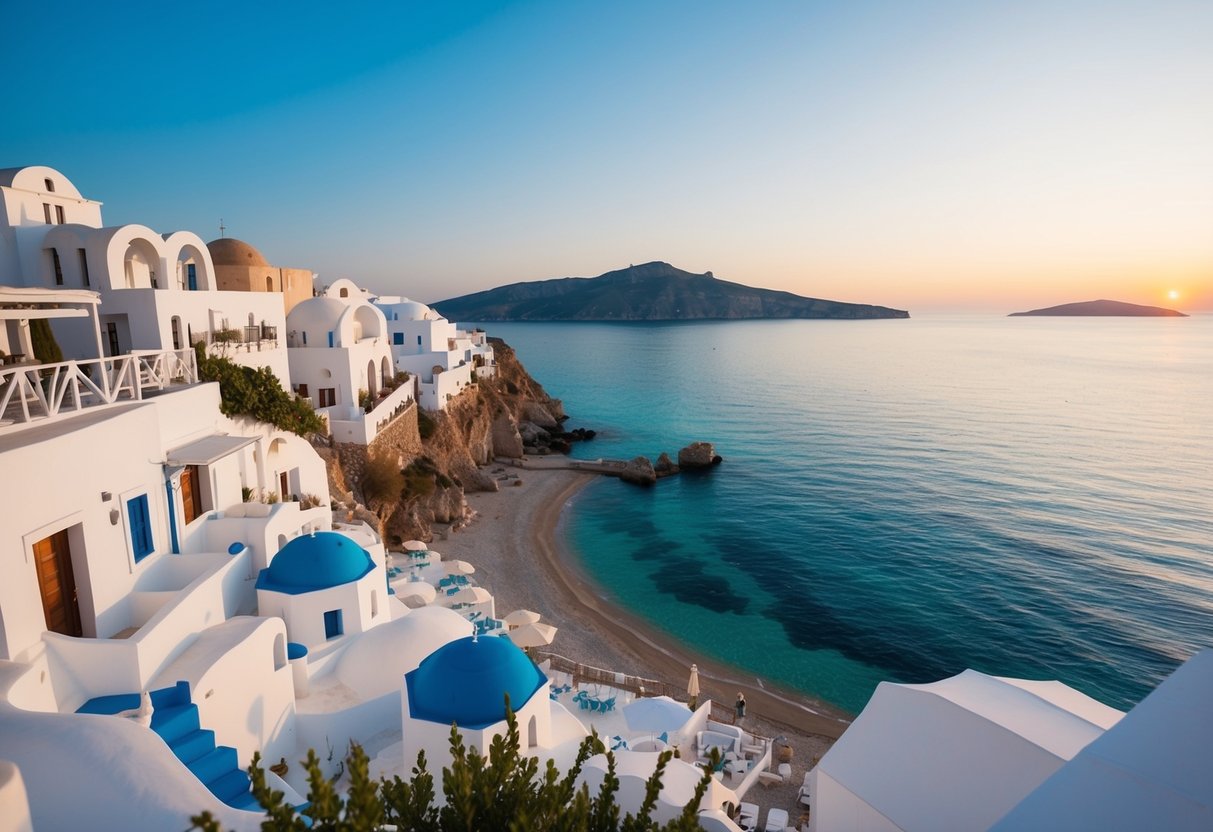 A picturesque seaside venue in Greece with white-washed buildings, azure waters, and a romantic sunset setting