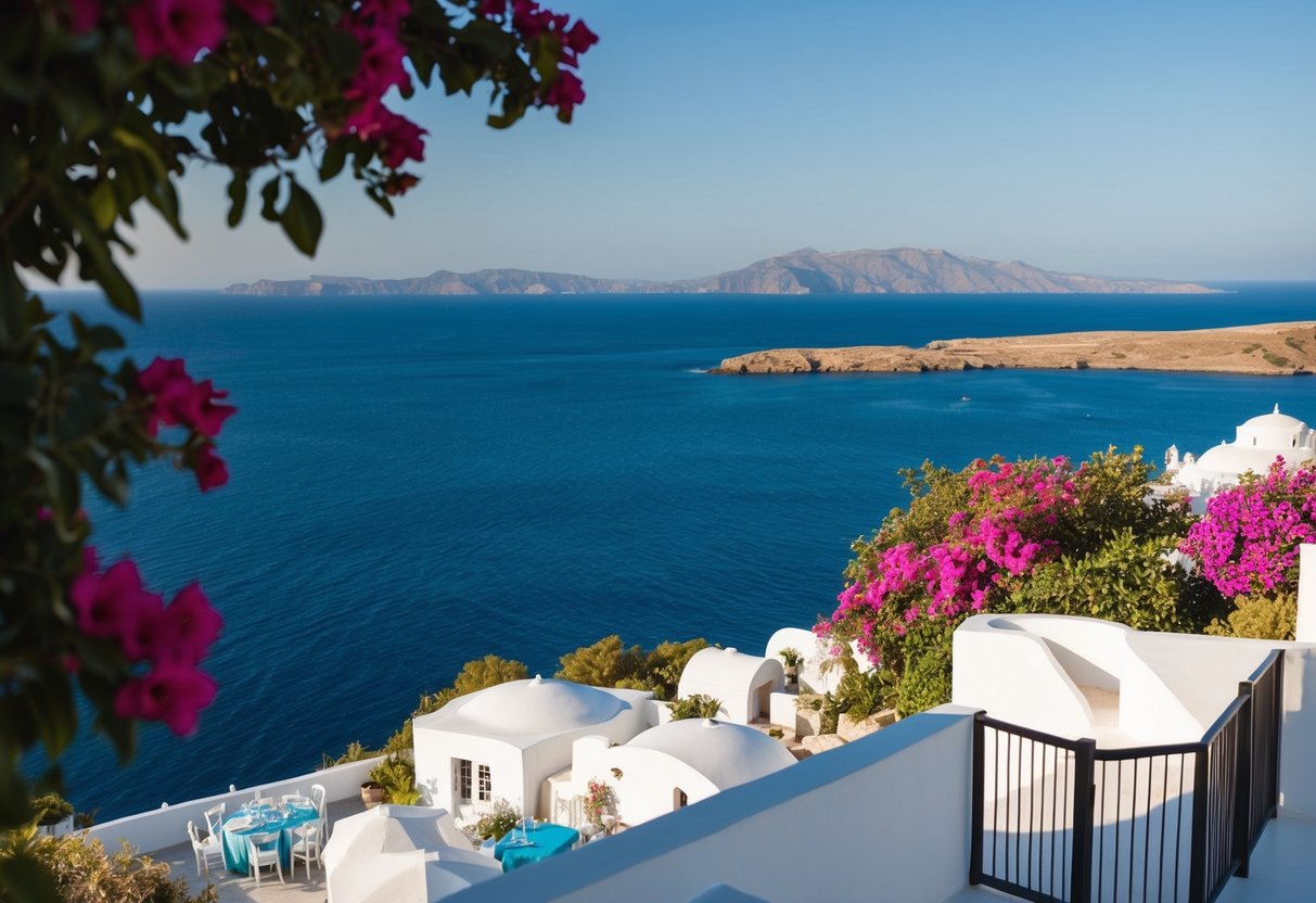 A picturesque Greek island wedding venue overlooking the sparkling blue Aegean Sea, with white-washed buildings and colorful bougainvillea adorning the landscape