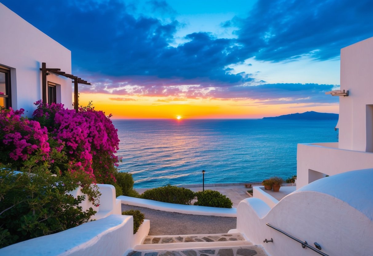 A serene beachfront with white-washed buildings, overlooking the sparkling Aegean Sea. Bougainvillea cascades down the walls, and a vibrant sunset paints the sky