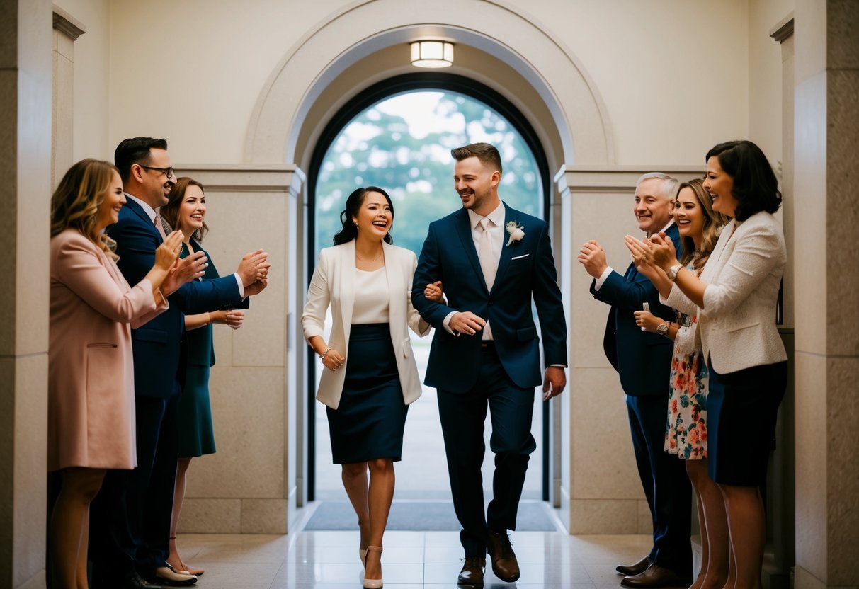 A couple hurrying through a courthouse, exchanging rings under a simple archway, with a small group of loved ones cheering them on