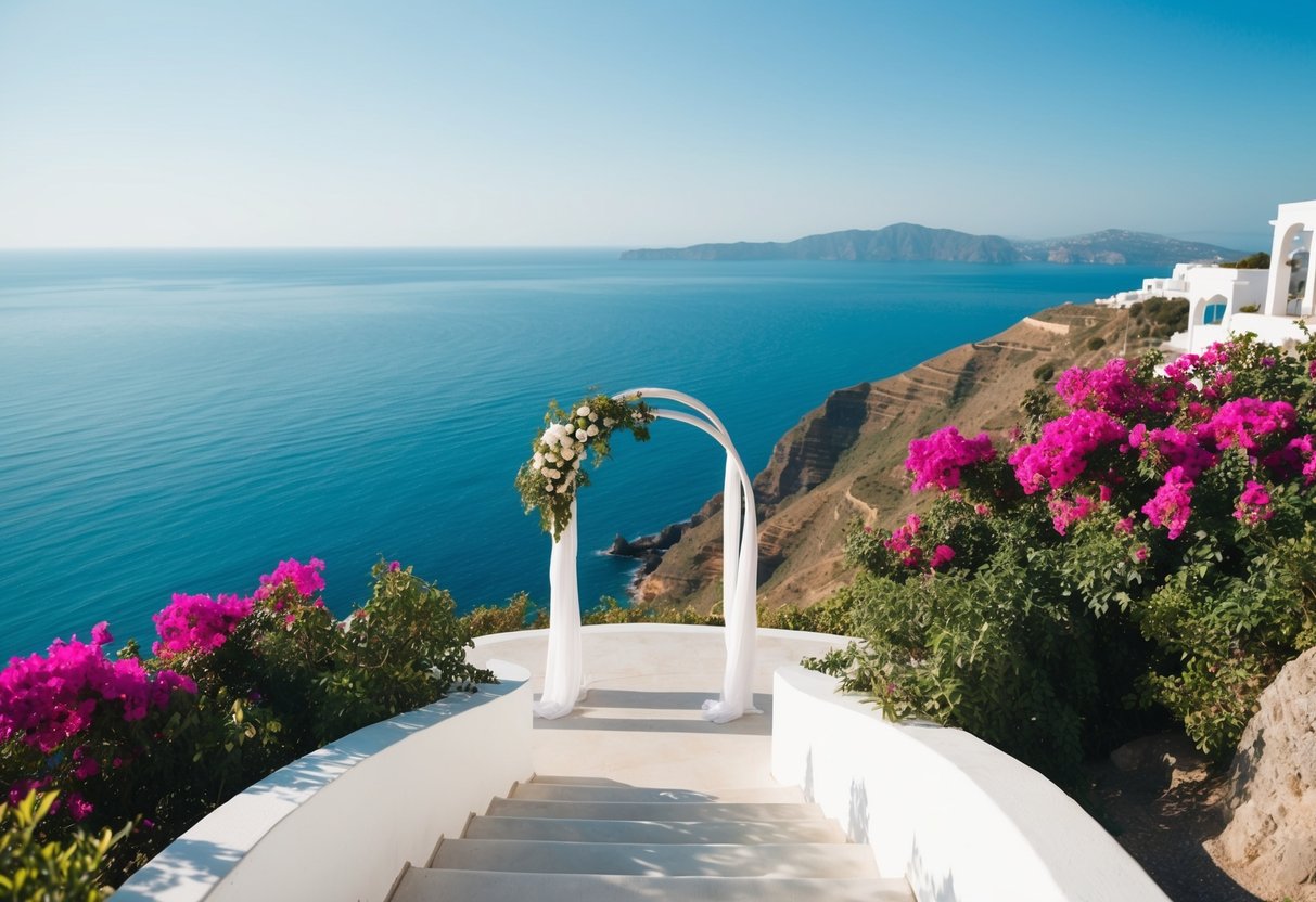 A picturesque seaside cliff with a stunning view of the Aegean Sea, adorned with vibrant bougainvillea and a simple, elegant wedding arch