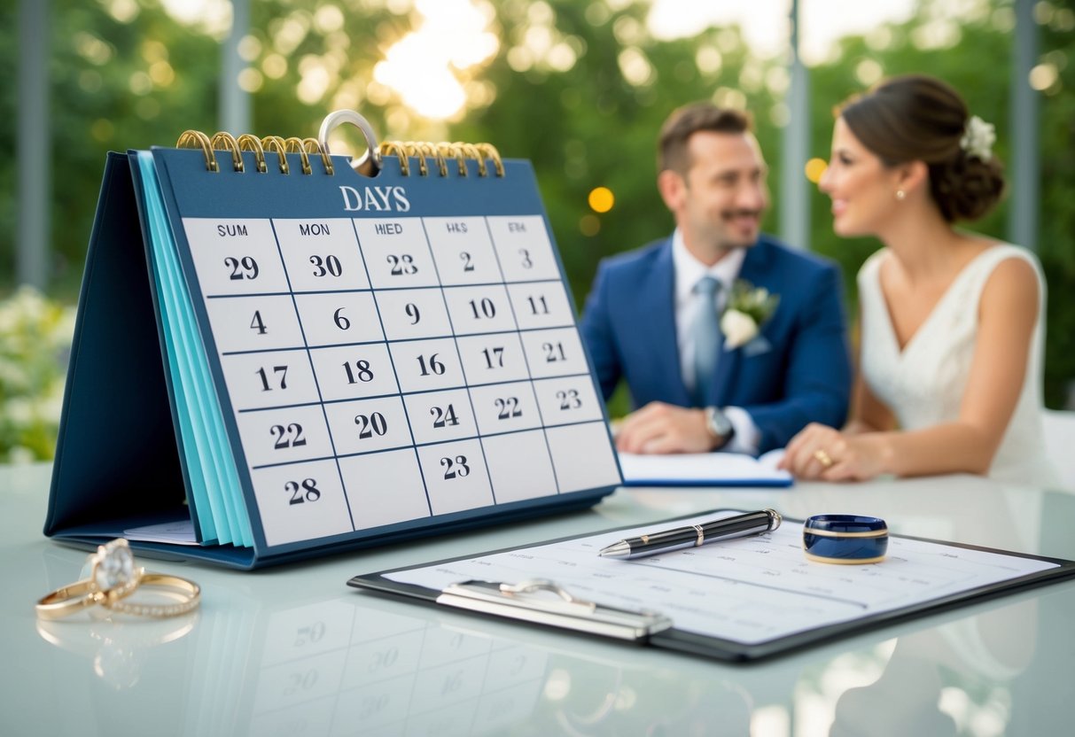 A calendar with dates circled within 28 days, a wedding ring, and a couple discussing plans