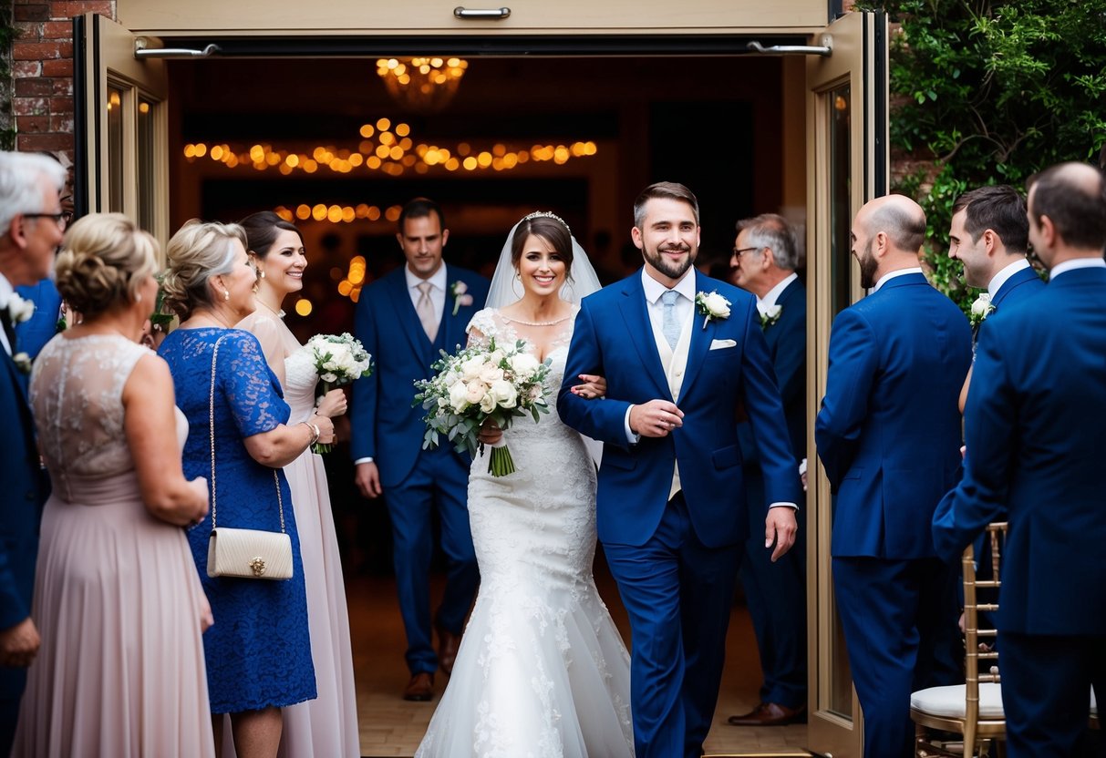 Guests exiting wedding venue before newlyweds