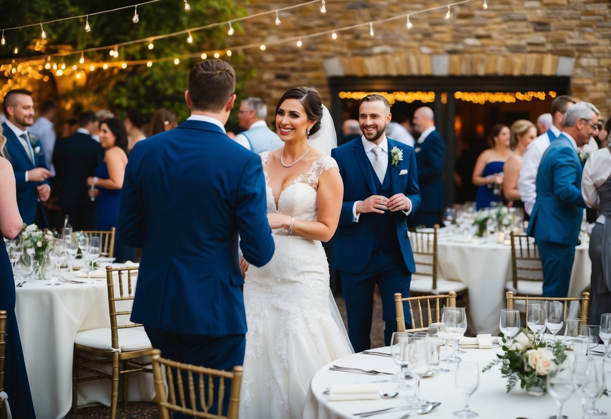 Guests mingling, some leaving, as the bride and groom bid farewell. Tables scattered with empty glasses and discarded napkins
