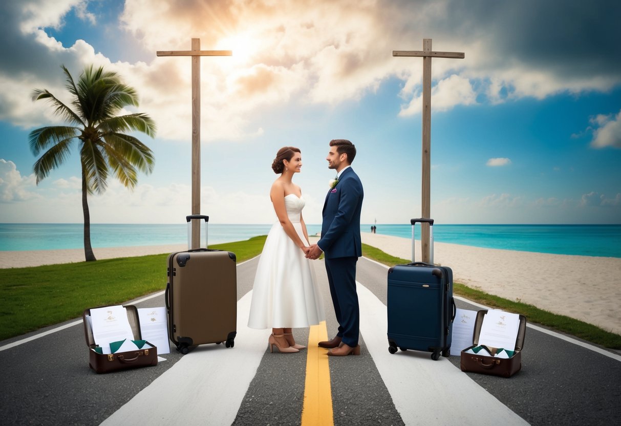 A couple stands at a crossroads, one path leading to a tropical beach and the other to a traditional venue. They look conflicted, surrounded by suitcases and wedding invitations