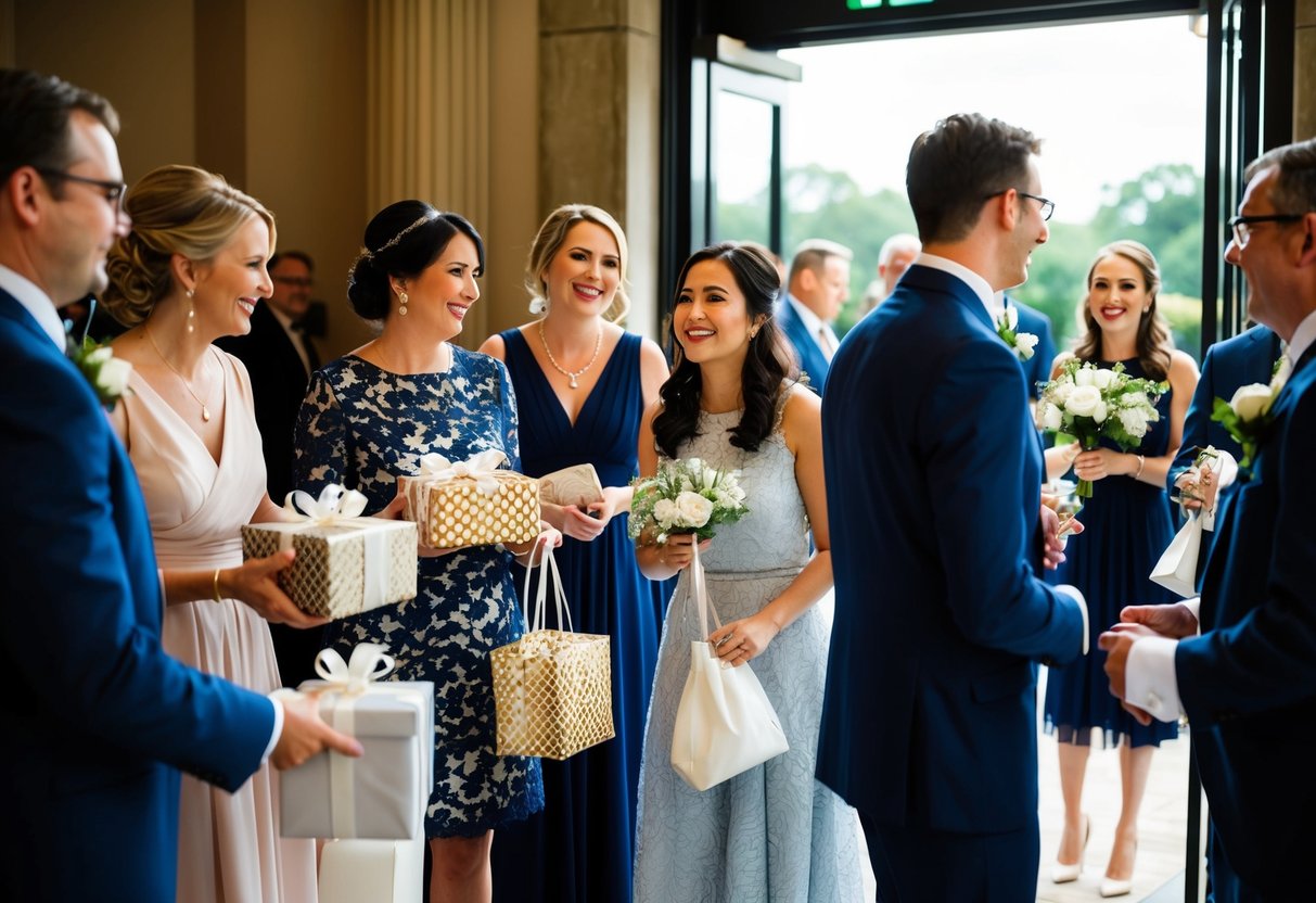 Guests gathering gifts, chatting, and glancing at the exit as the bride and groom prepare for departure