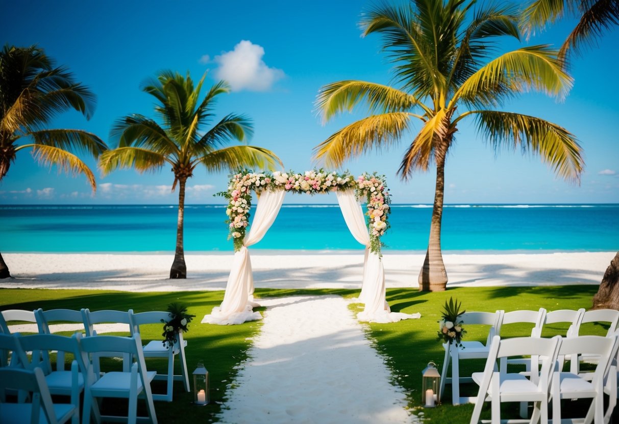 A tropical beach with palm trees, white sand, and a clear blue ocean. A wedding arch adorned with flowers and draped fabric stands in the center