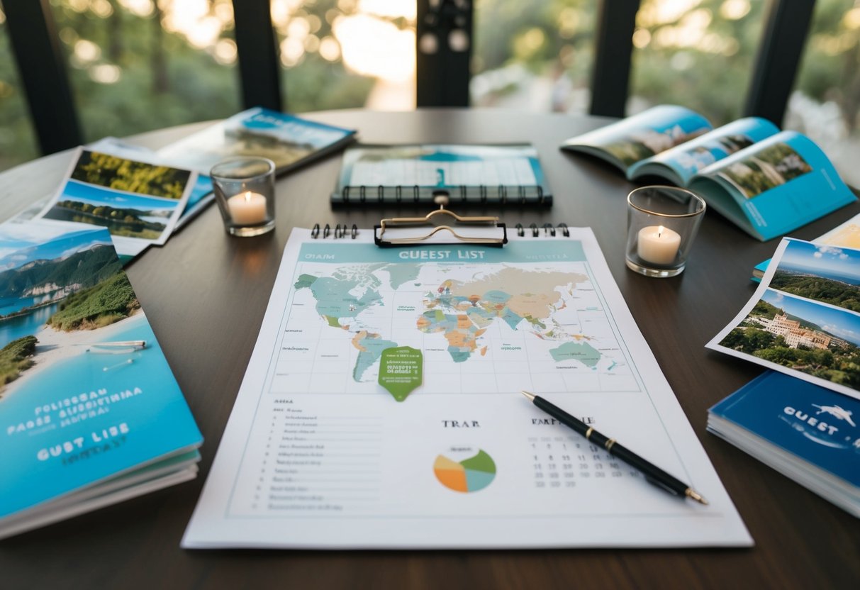 A table with a map, guest list, and calendar, surrounded by travel brochures and destination photos