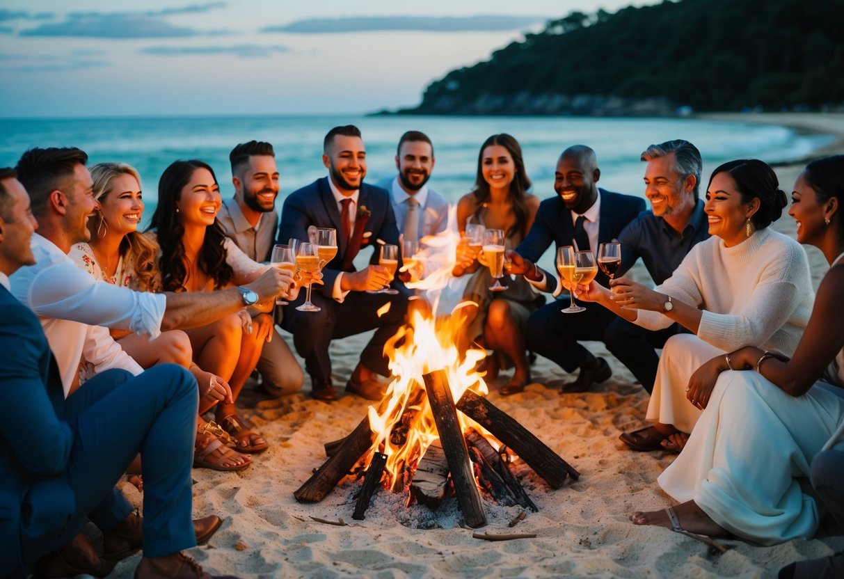 A group of diverse friends and family gather around a bonfire on the beach, laughing and toasting to the upcoming destination wedding