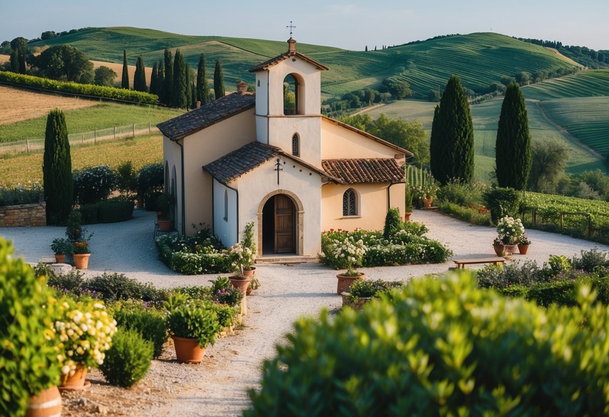 A quaint countryside chapel with blooming gardens and a rustic reception hall, nestled in the rolling hills of Tuscany, Italy