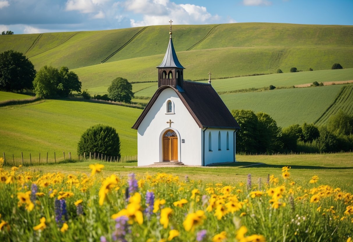 A charming countryside chapel in rural Europe, surrounded by rolling hills and vibrant wildflowers