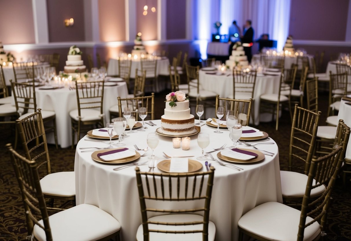 A wedding reception with tables, chairs, and decorations. Multiple place settings and a wedding cake are visible