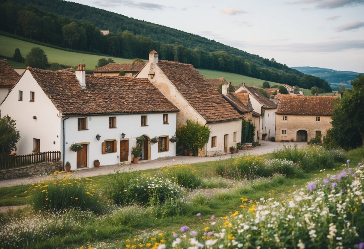 A quaint, rustic village in the European countryside with a charming, budget-friendly wedding venue nestled among rolling hills and blooming wildflowers