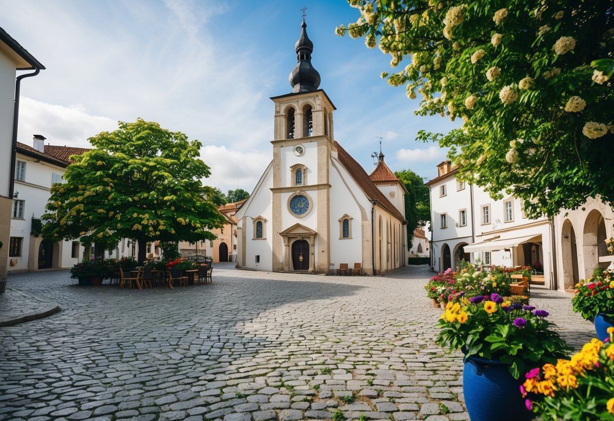 A quaint European town square with a charming old church and cobblestone streets, surrounded by lush greenery and colorful flowers