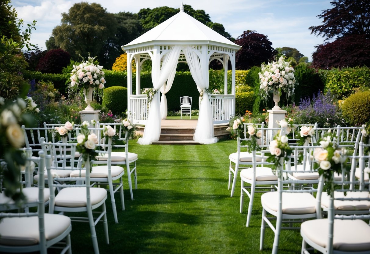 A wedding ceremony takes place in a lush garden in the UK, with blooming flowers, elegant chairs, and a white gazebo adorned with delicate drapery