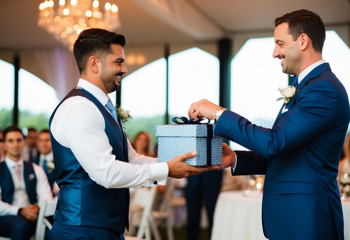 A groomsman hands over a gift to the best man at the ceremony and reception