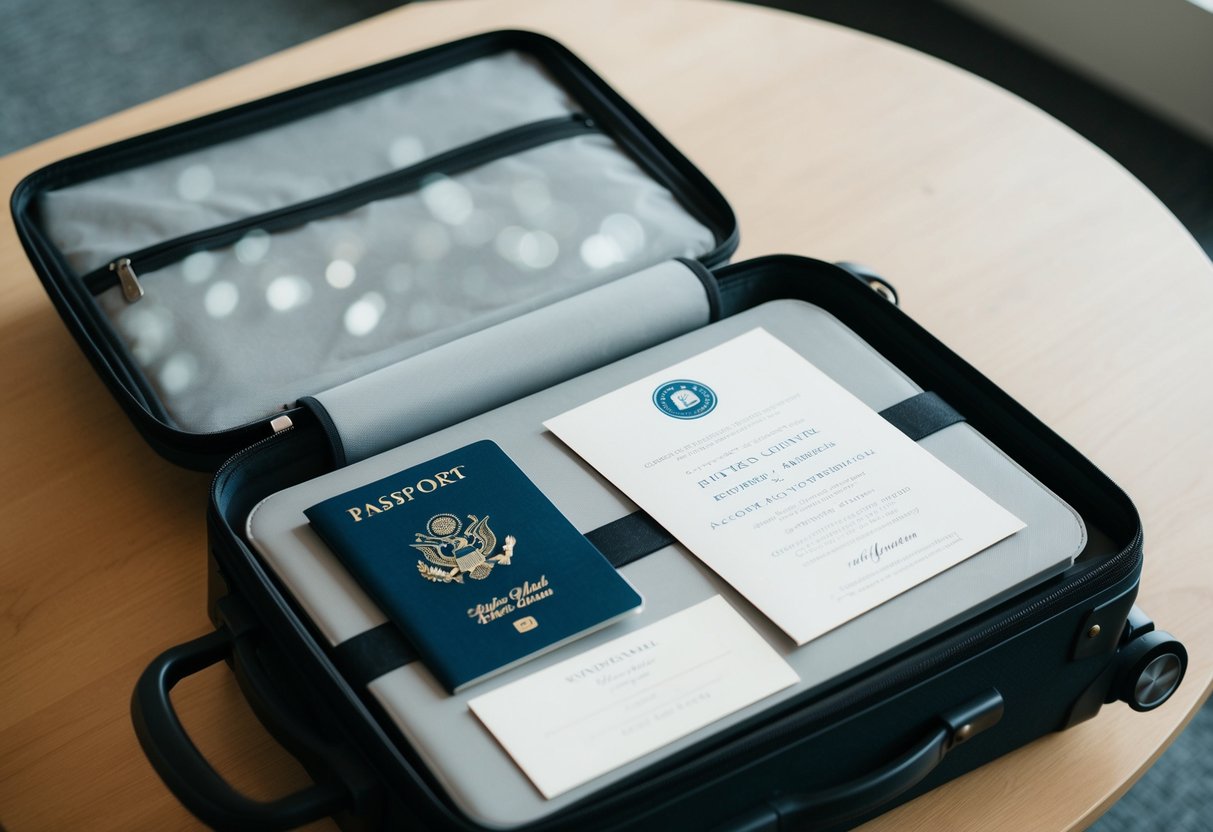 A suitcase with a plane ticket, passport, and wedding invitation laid out on a table