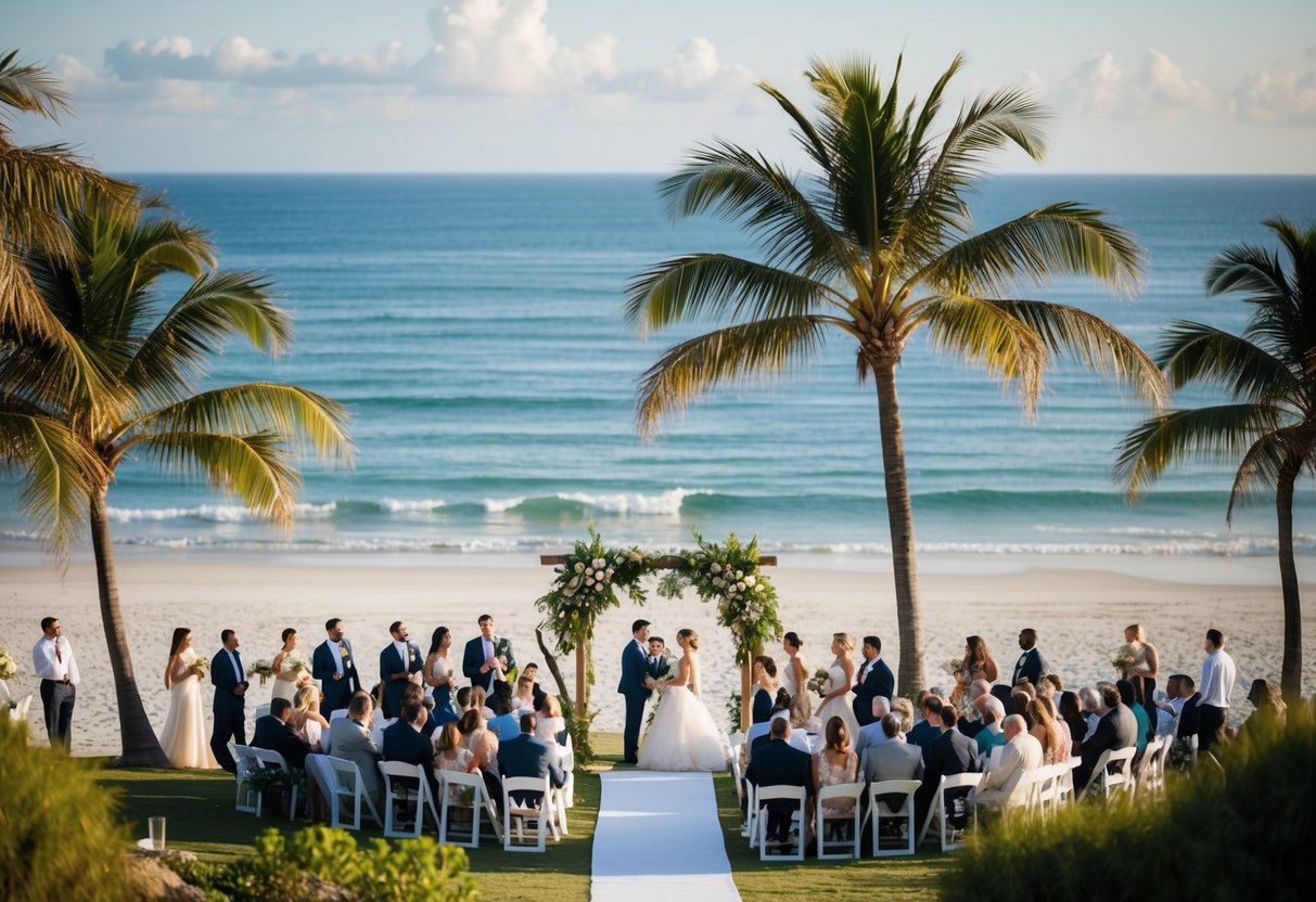 A beach with a wedding setup, surrounded by palm trees and overlooking the ocean, with guests mingling and enjoying the picturesque setting