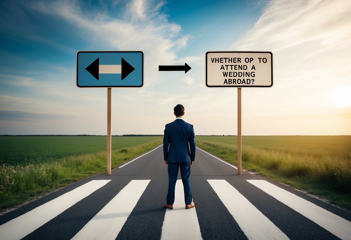 A person standing at a crossroads with a sign pointing to two different destinations, representing the decision of whether or not to attend a wedding abroad