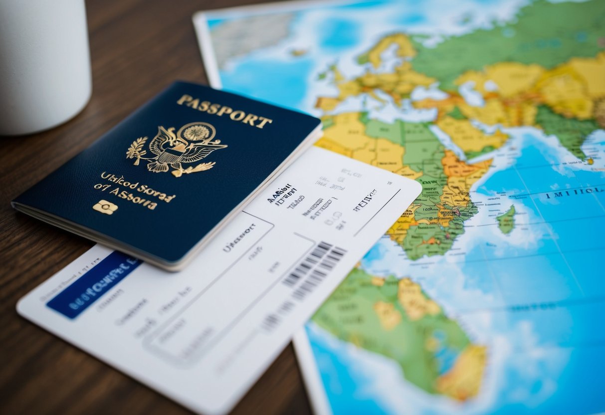 A passport and boarding pass on a table next to a map of a foreign country